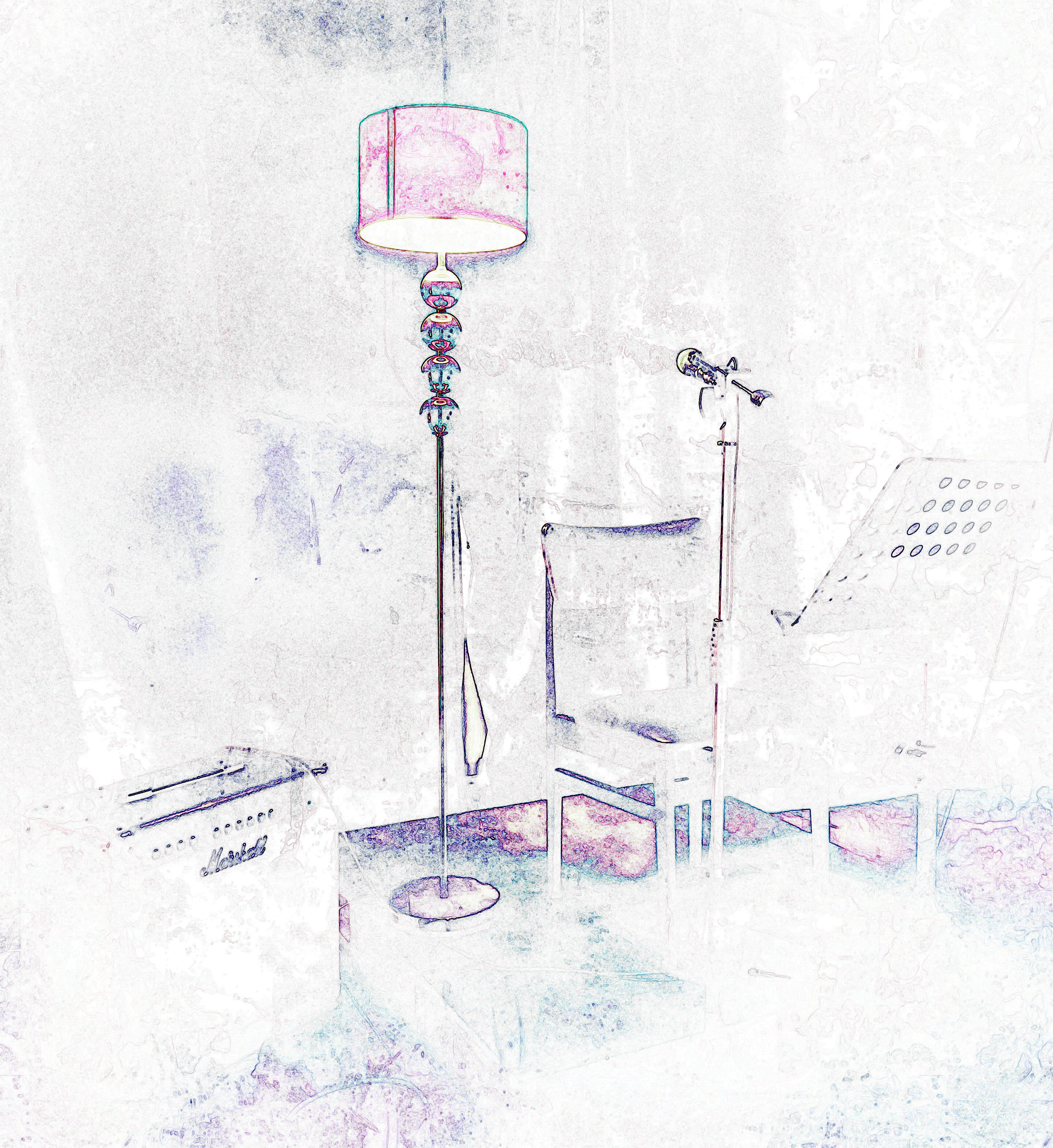 stylised image of stage with chair, amplifier, lampstand and microphone on stand